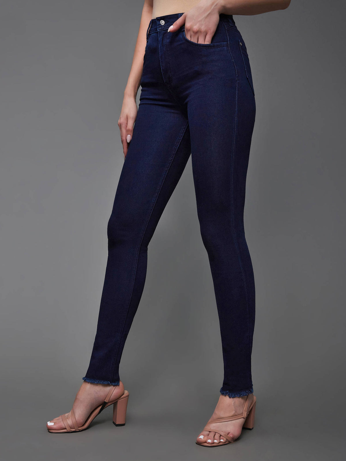 Women's Navy Blue Mid Rise Solid Stretchable Denim Jeans | RF89 - view 2