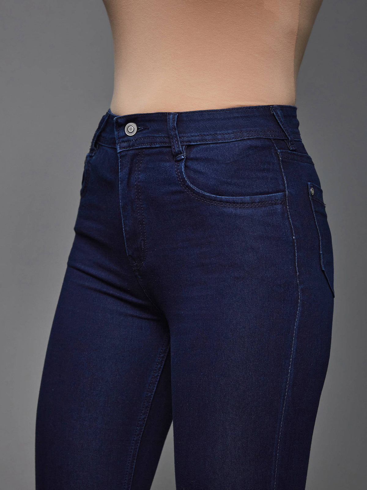 Women's Navy Blue Mid Rise Solid Stretchable Denim Jeans | RF89 - view 4