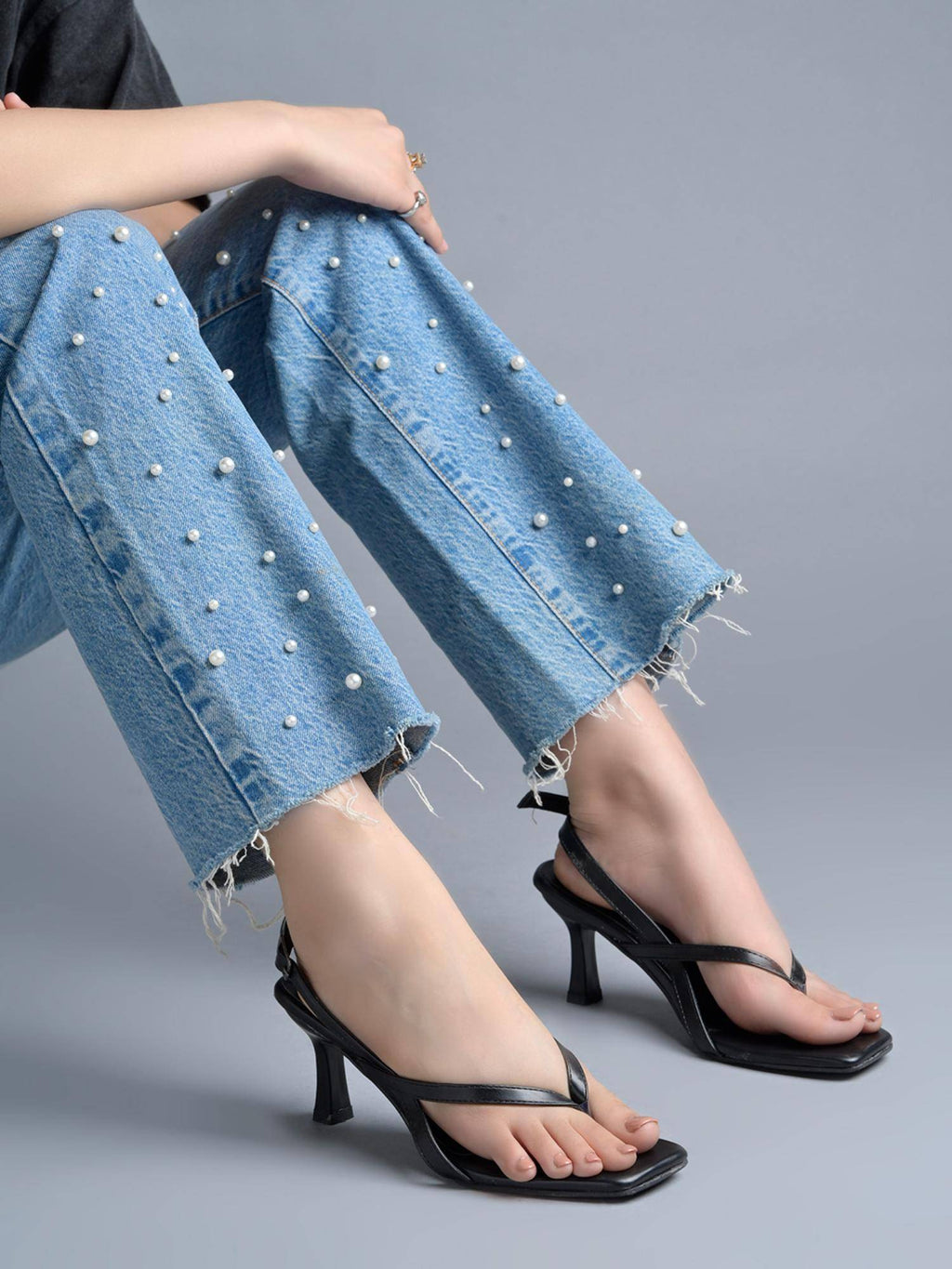 Women Black Strappy Toe-Post Square Toe Slingback Sandals Heels | H78 - view 3