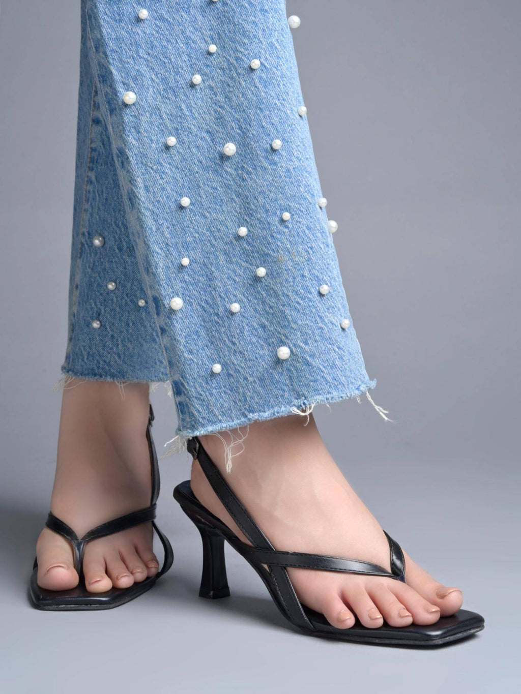 Women Black Strappy Toe-Post Square Toe Slingback Sandals Heels | H78 - view 4
