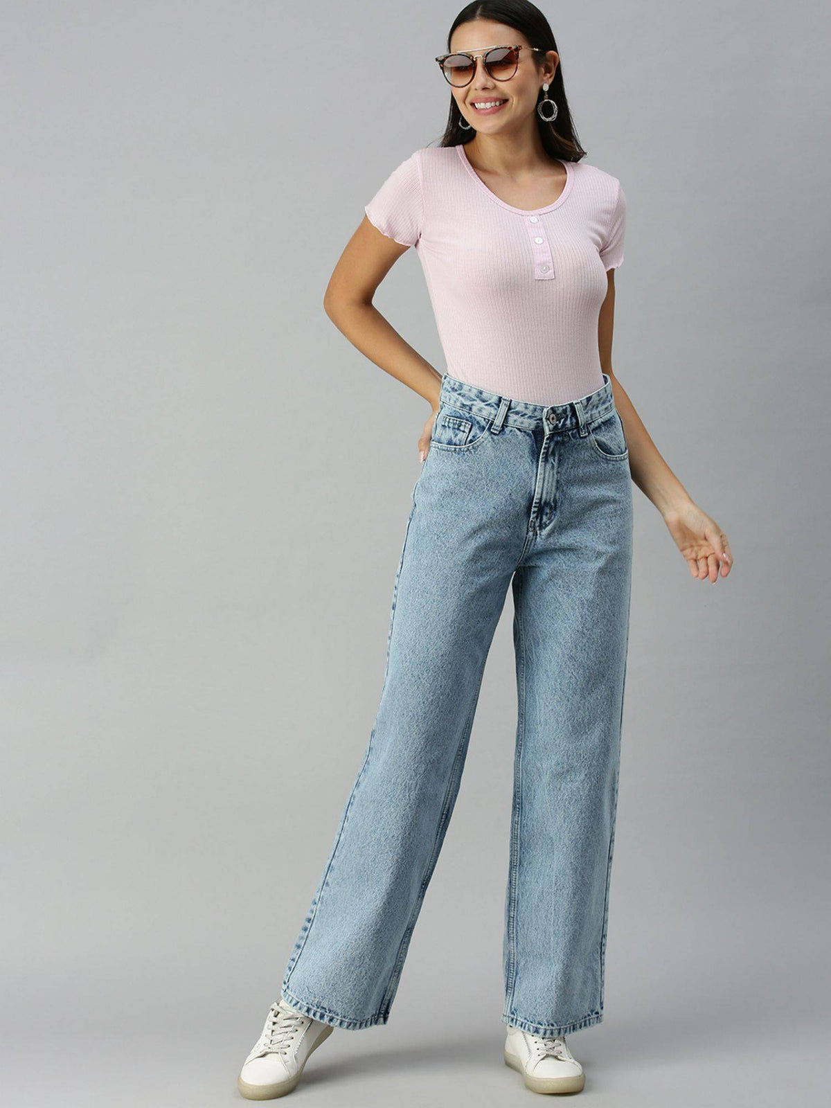 Womens Wide Leg Clean Look Blue Jeans | WL90 - view 4
