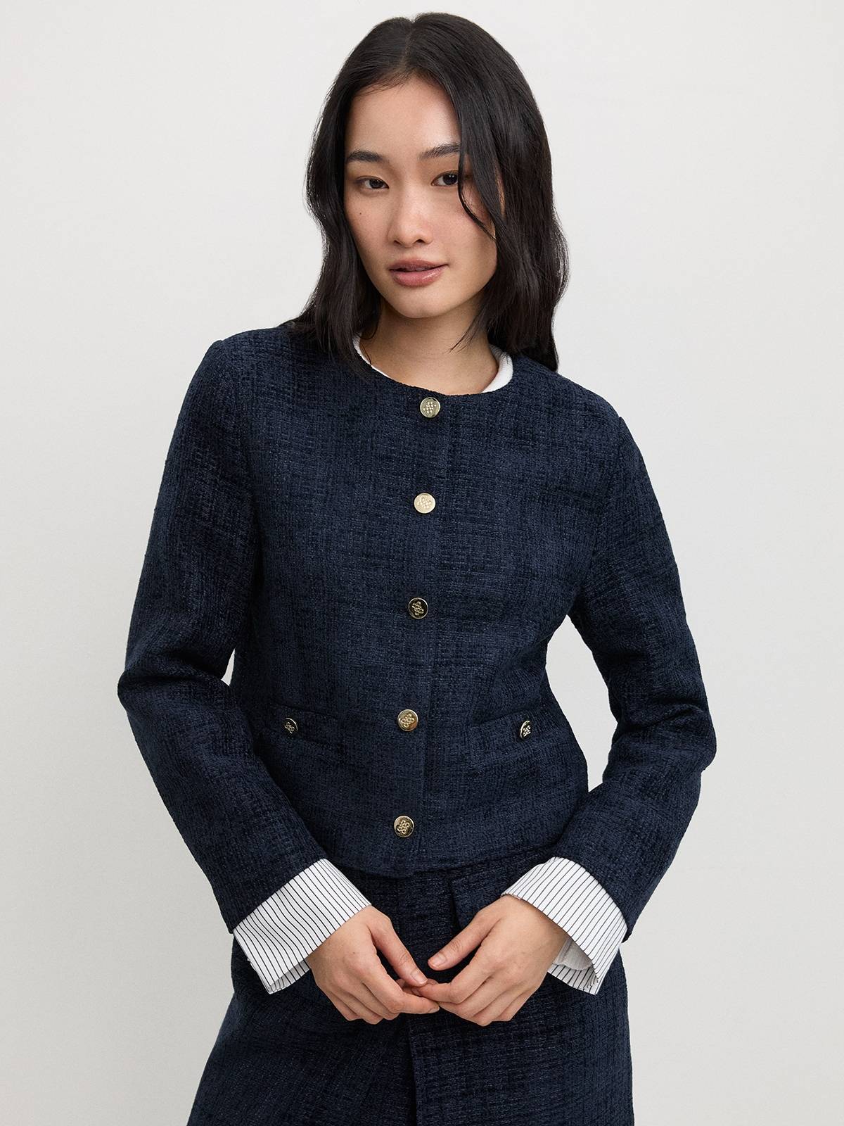 Long Sleeve Round Neck Tweed Jacket with Gold Buttons Faux Pocket | JC78 - view 1
