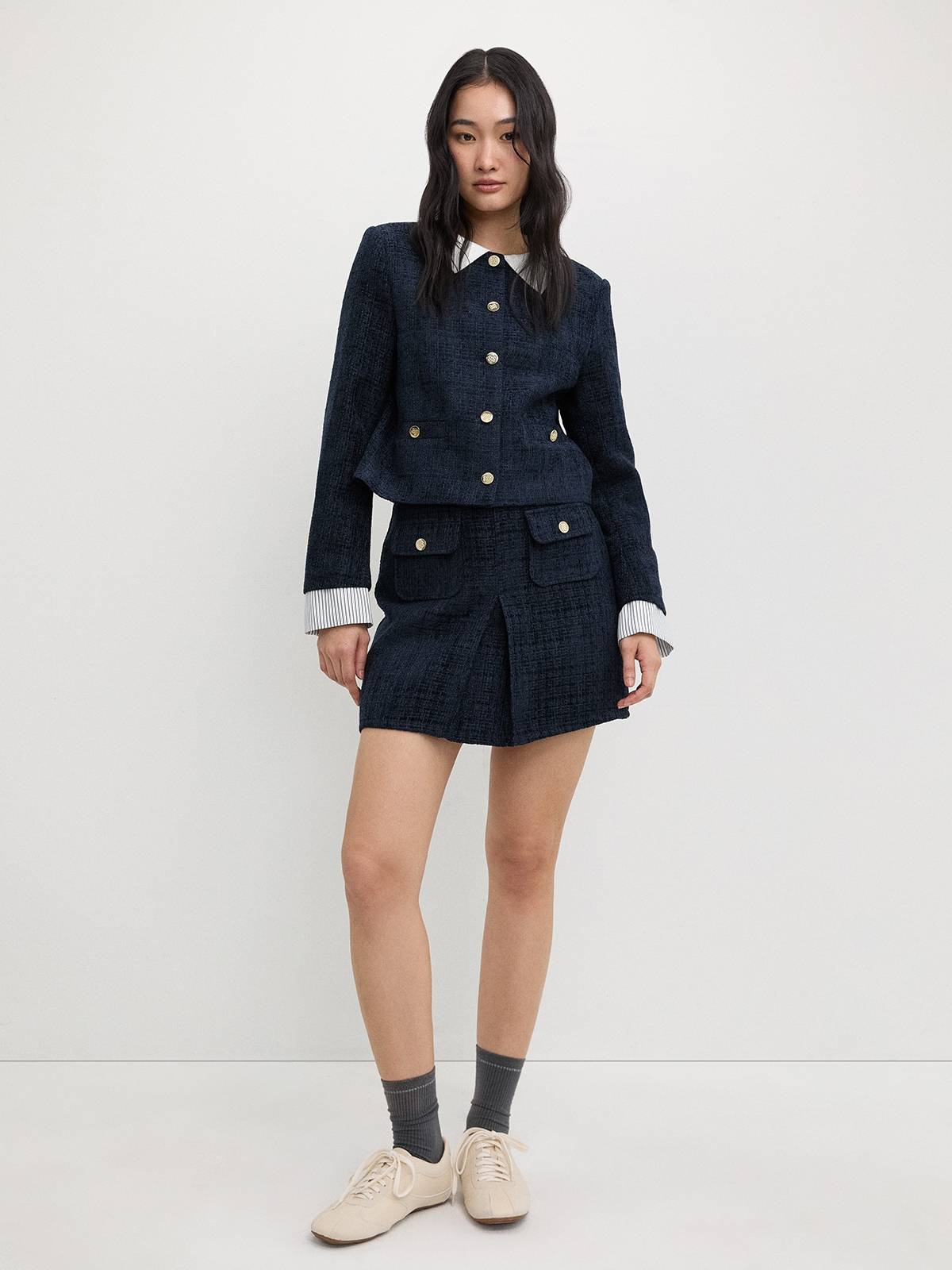 Long Sleeve Round Neck Tweed Jacket with Gold Buttons Faux Pocket | JC78 - view 2