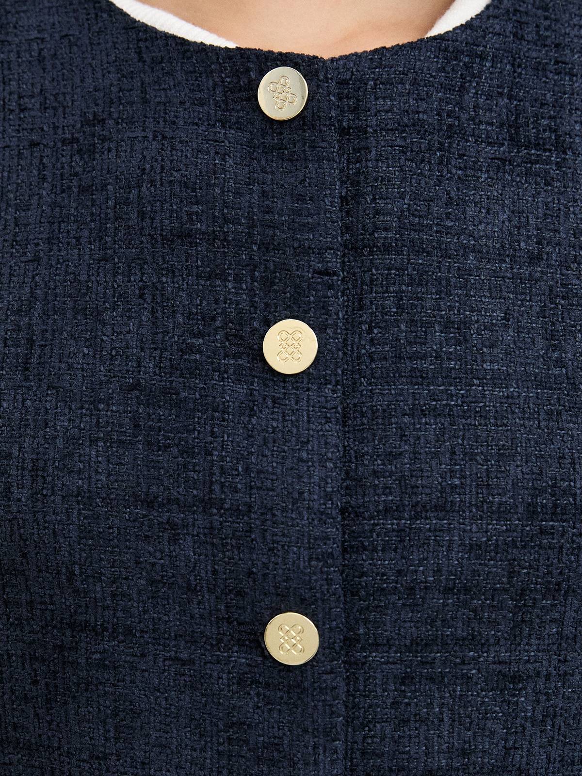 Long Sleeve Round Neck Tweed Jacket with Gold Buttons Faux Pocket | JC78 - view 3