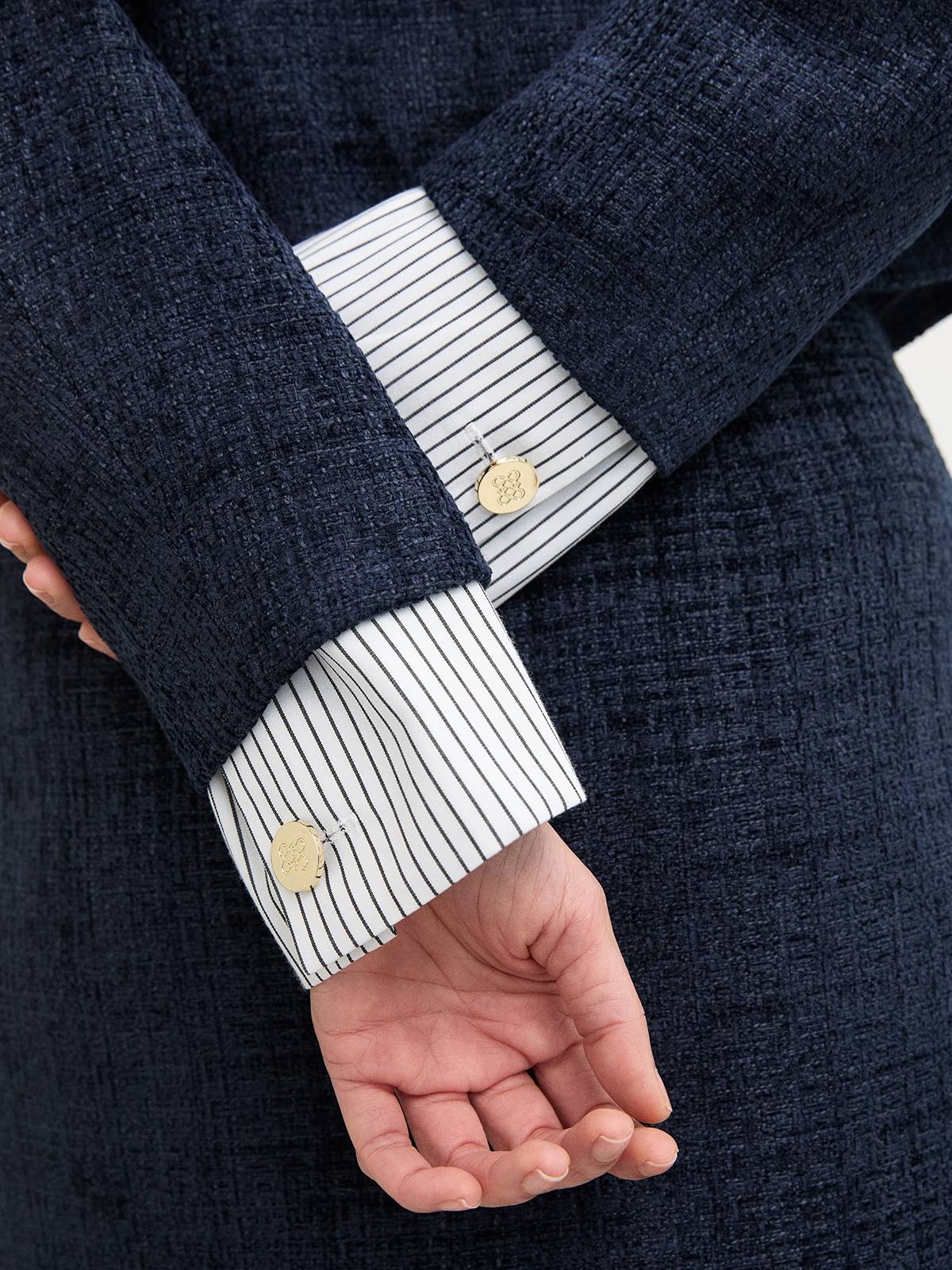 Long Sleeve Round Neck Tweed Jacket with Gold Buttons Faux Pocket | JC78 - view 4