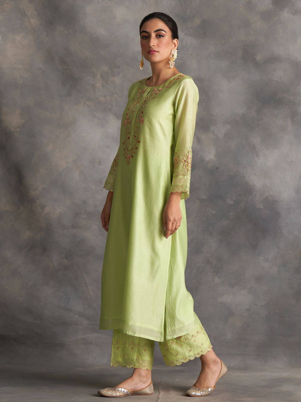 Light Green Silk Chanderi A-Line Kurta With Hand Embroidery | U3S - view 2