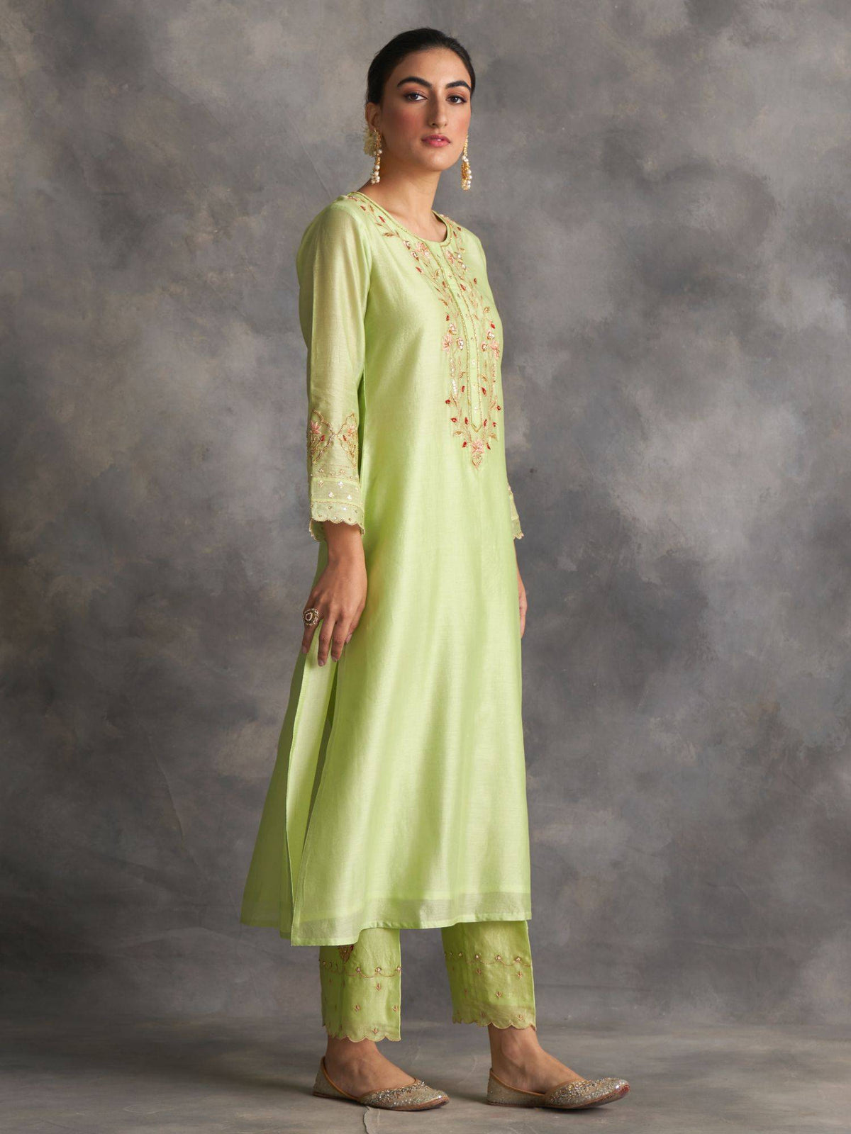 Light Green Silk Chanderi A-Line Kurta With Hand Embroidery | U3S - view 3