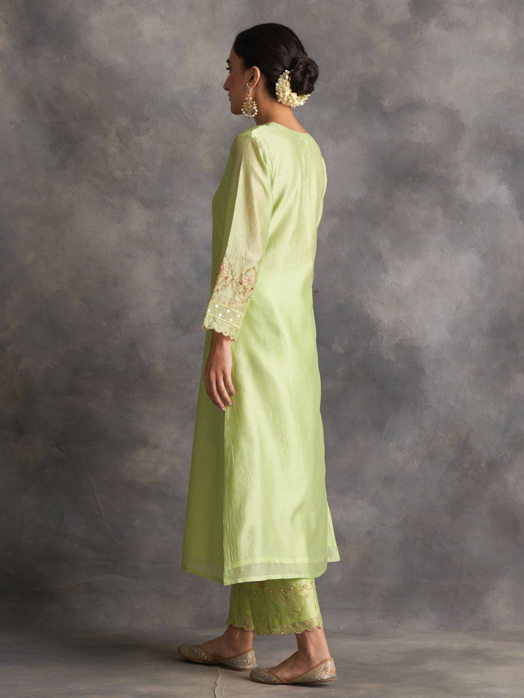 Light Green Silk Chanderi A-Line Kurta With Hand Embroidery | U3S - view 4