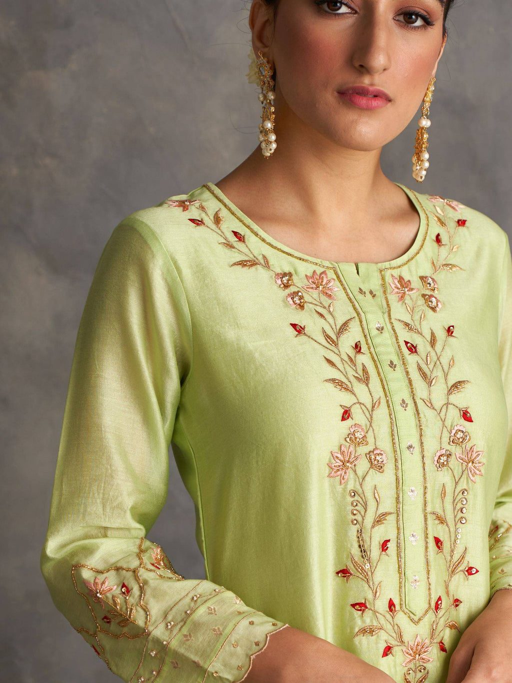 Light Green Silk Chanderi A-Line Kurta With Hand Embroidery | U3S - view 5