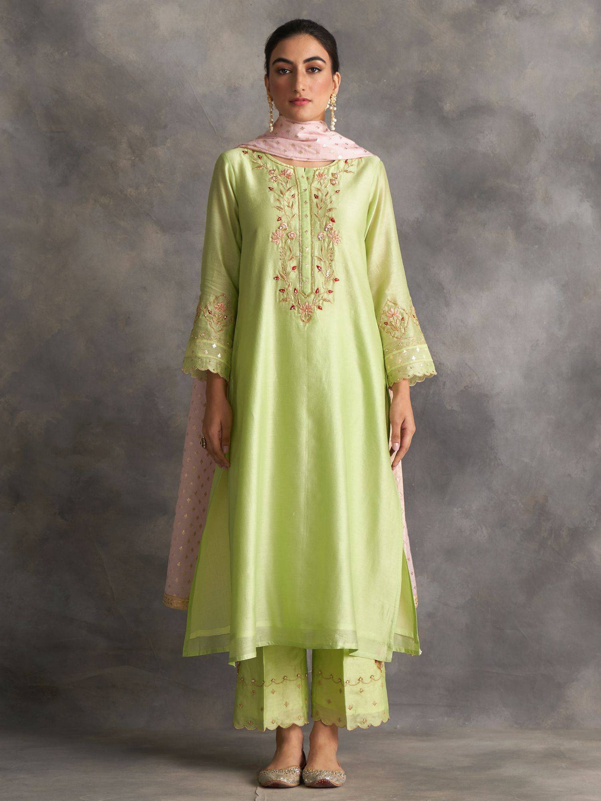 Light Green Silk Chanderi A-Line Kurta With Hand Embroidery | U3S - view 6