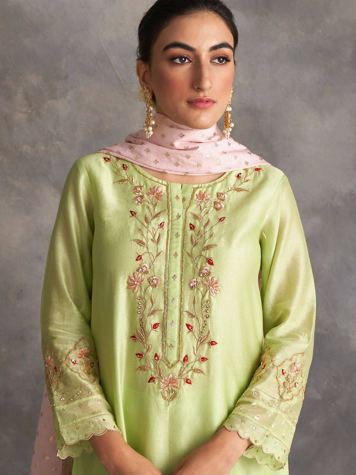 Light Green Silk Chanderi A-Line Kurta With Hand Embroidery | U3S - view 7