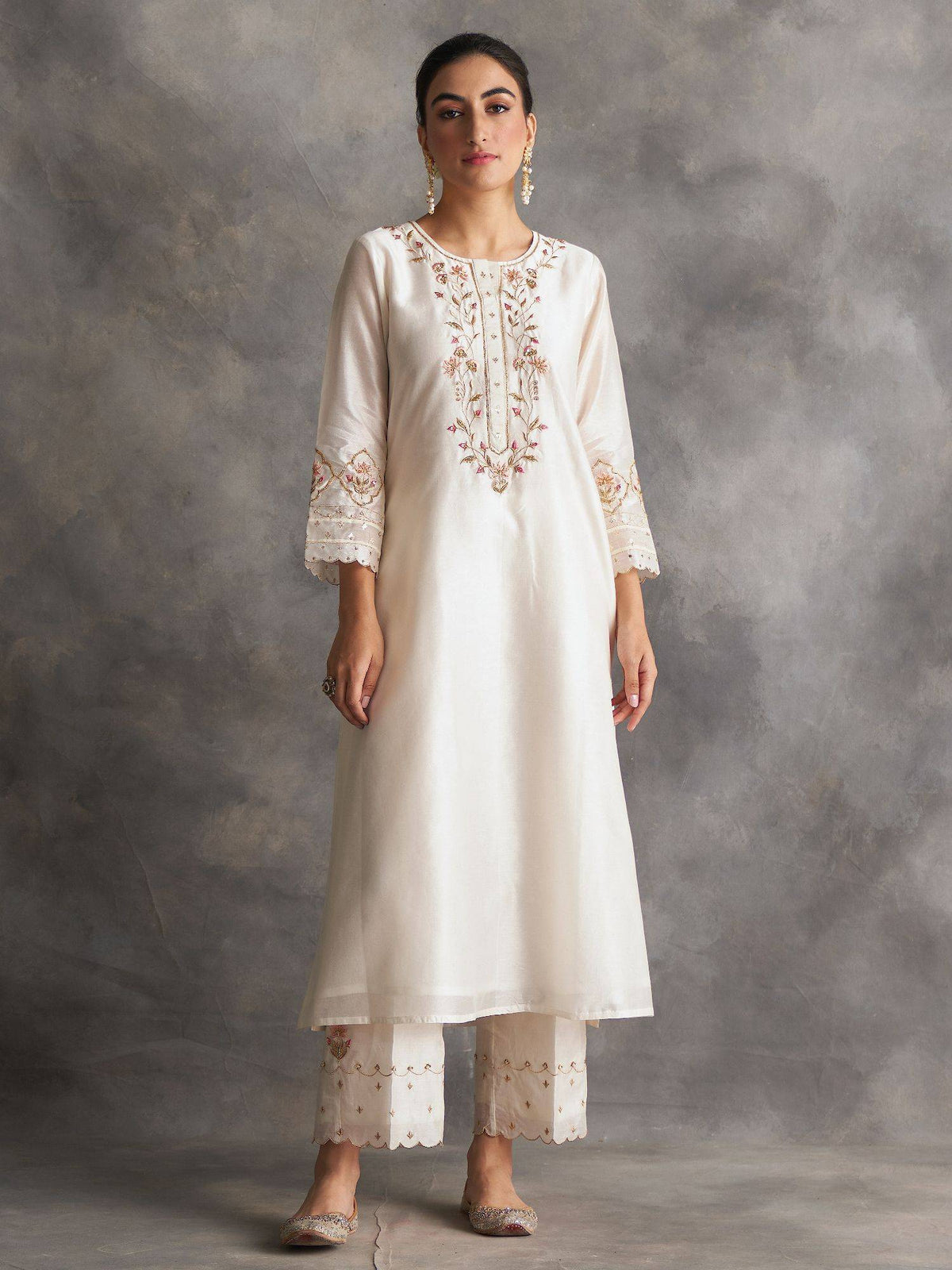 Light Green Silk Chanderi A-Line Kurta With Hand Embroidery | U3S - view 9