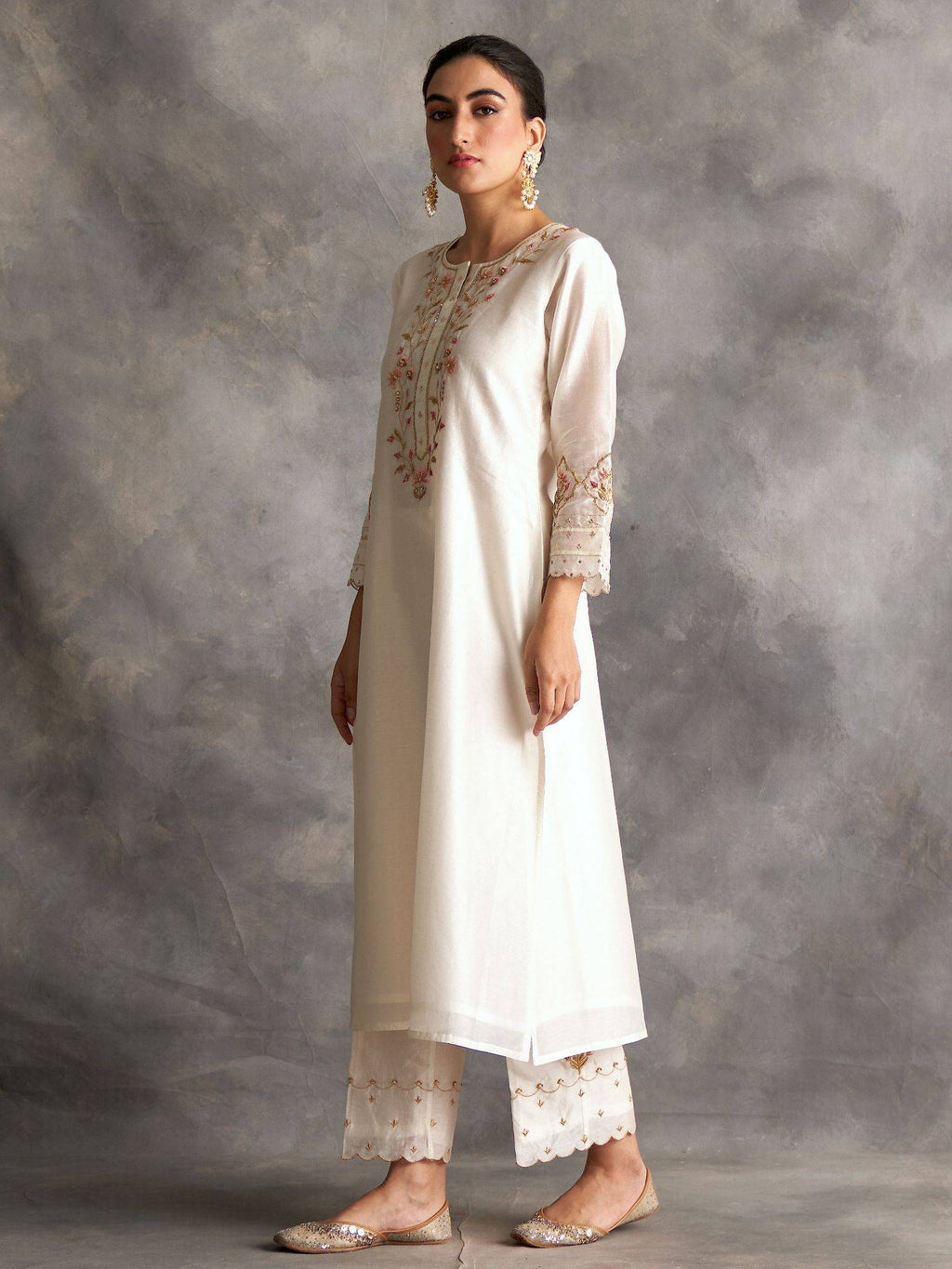 Light Green Silk Chanderi A-Line Kurta With Hand Embroidery | U3S - view 10