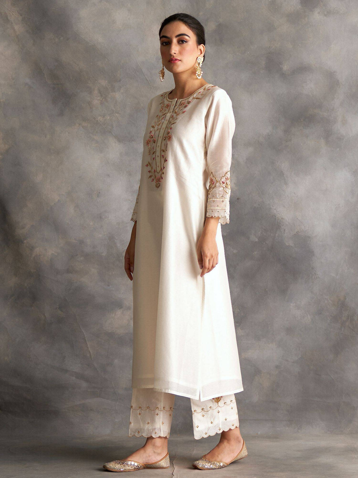 Light Green Silk Chanderi A-Line Kurta With Hand Embroidery | U3S - view 10