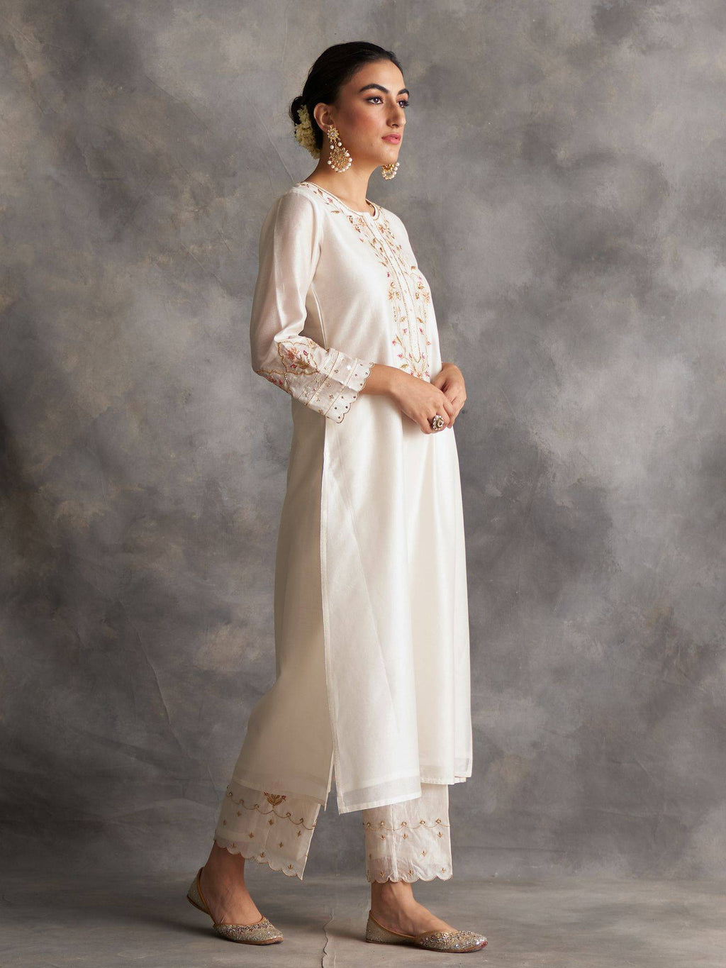 Light Green Silk Chanderi A-Line Kurta With Hand Embroidery | U3S - view 11