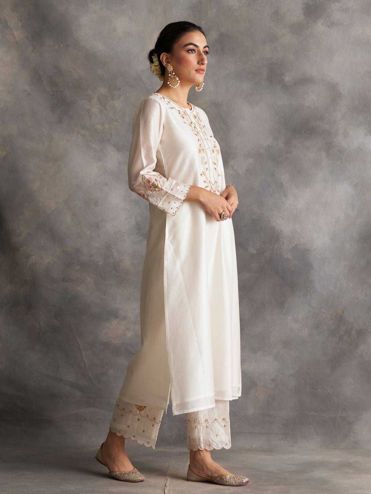 Light Green Silk Chanderi A-Line Kurta With Hand Embroidery | U3S - view 11