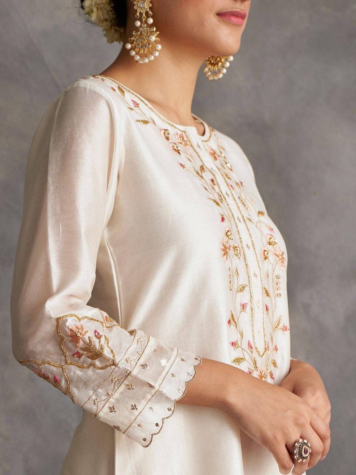 Light Green Silk Chanderi A-Line Kurta With Hand Embroidery | U3S - view 13