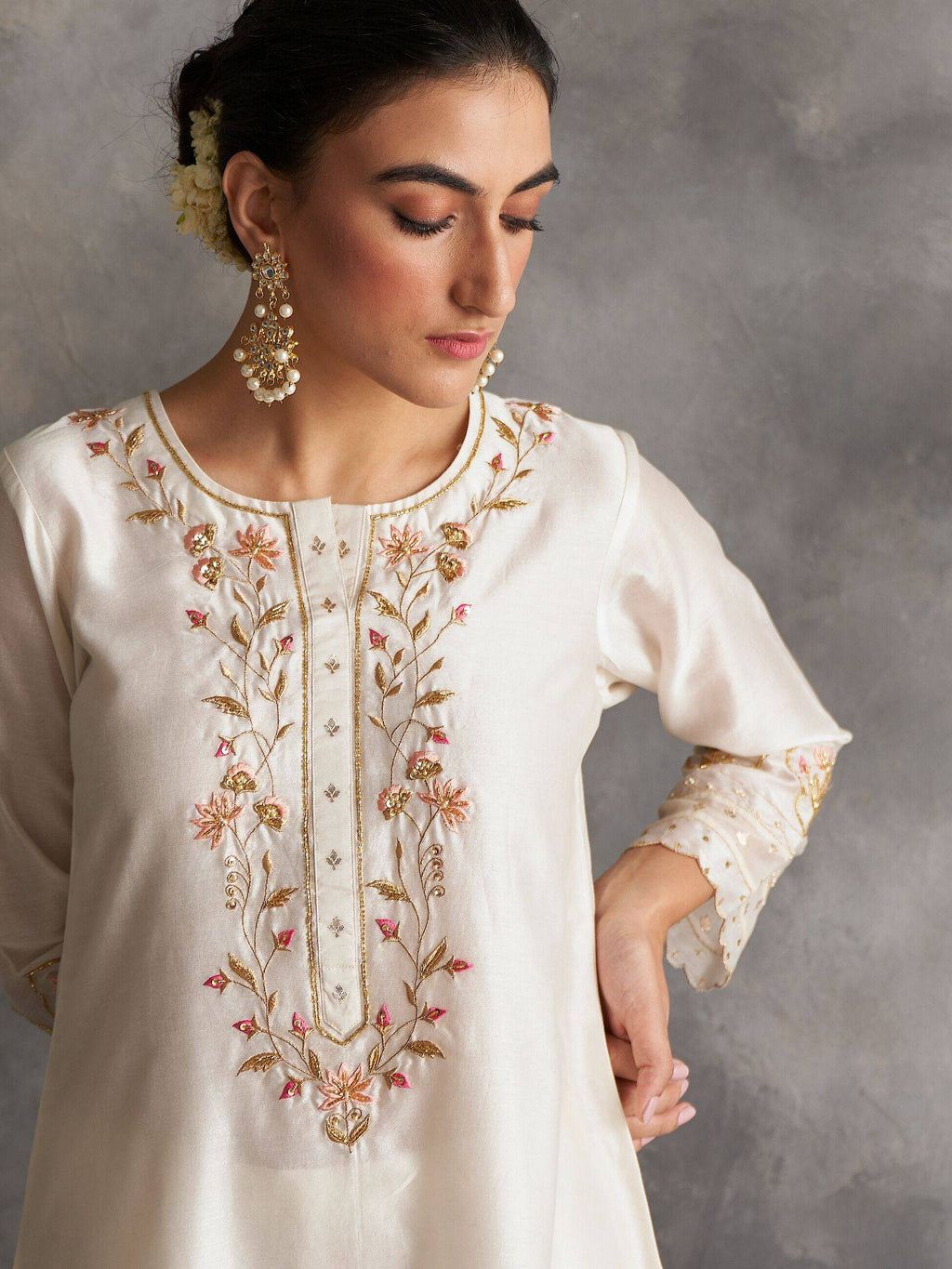 Light Green Silk Chanderi A-Line Kurta With Hand Embroidery | U3S - view 14