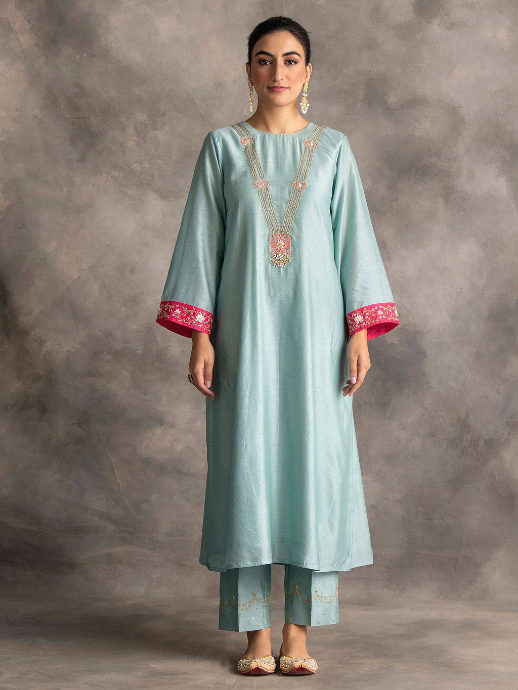 Blue Silk Chanderi A-Line Kurta With Hand Embroidery | KDG - view 1
