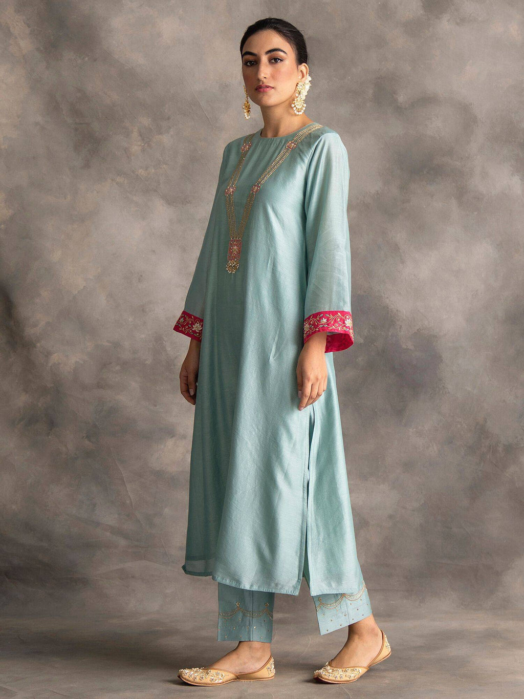 Blue Silk Chanderi A-Line Kurta With Hand Embroidery | KDG - view 2