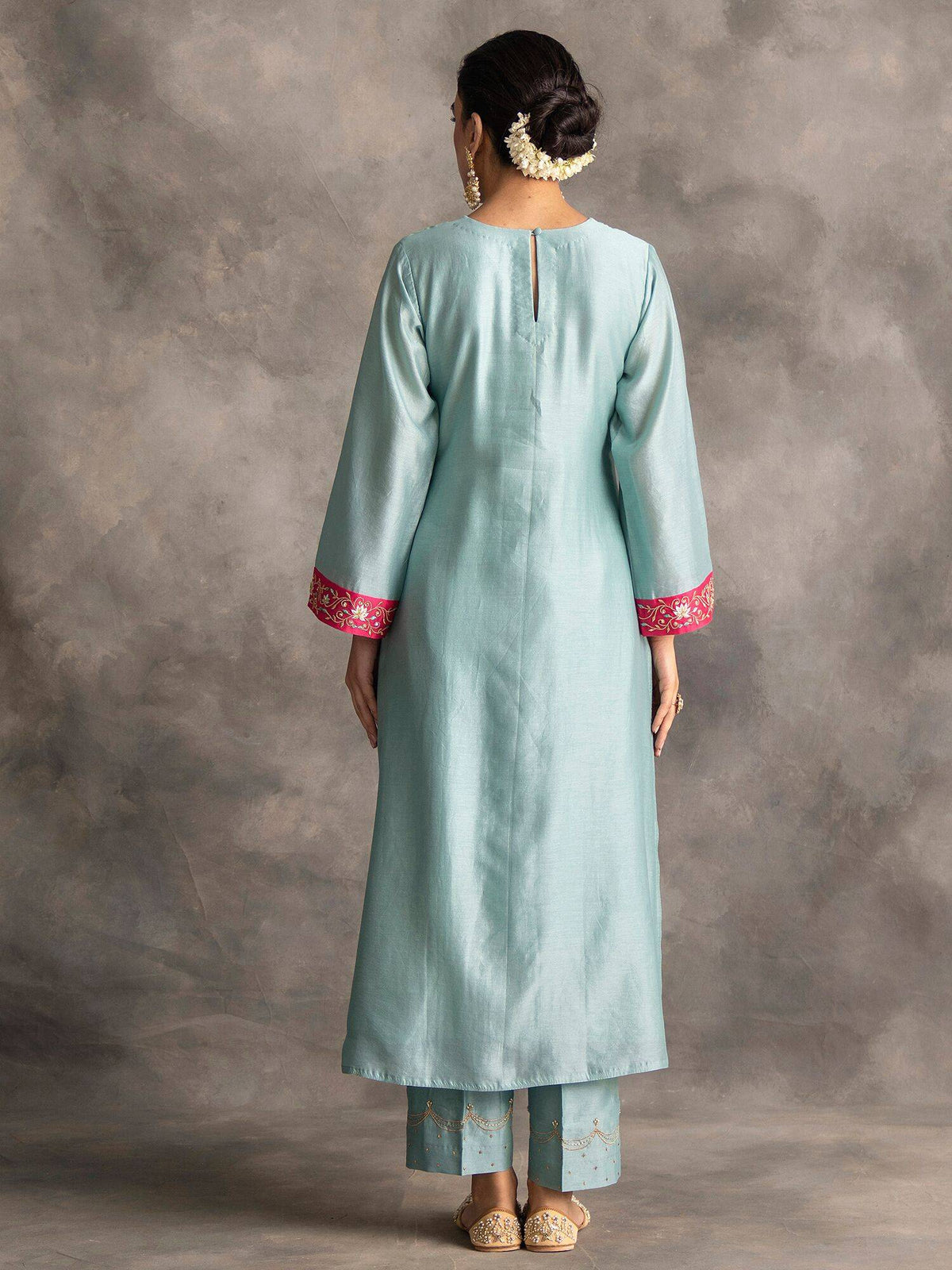 Blue Silk Chanderi A-Line Kurta With Hand Embroidery | FY93 - view 3