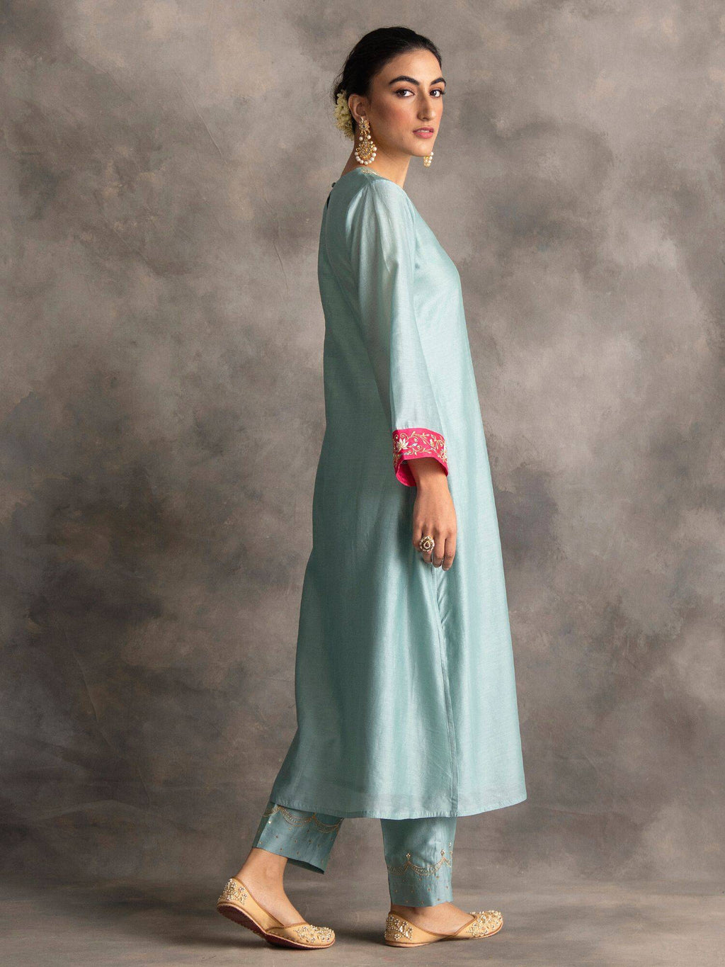 Blue Silk Chanderi A-Line Kurta With Hand Embroidery | FY93 - view 4