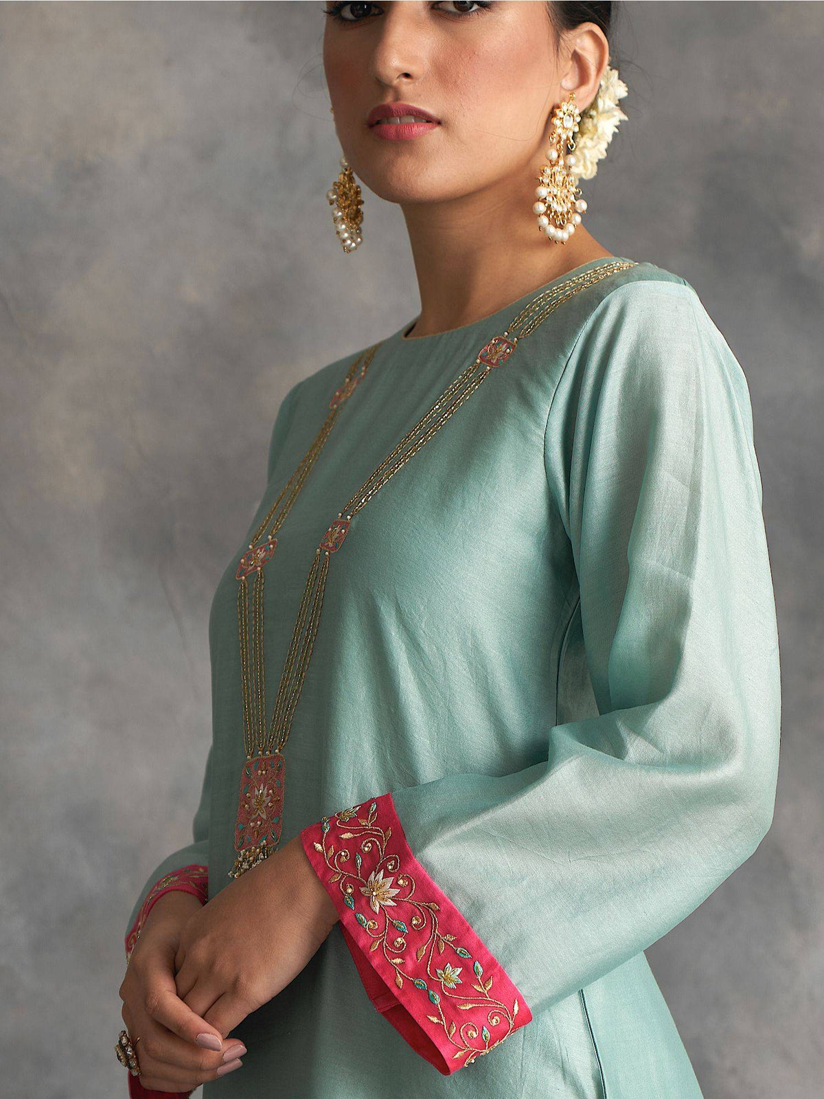 Blue Silk Chanderi A-Line Kurta With Hand Embroidery | FY93 - view 5
