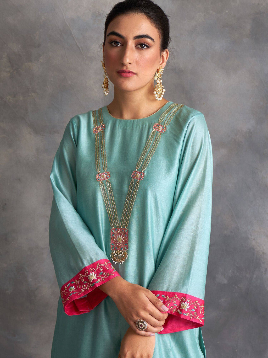 Blue Silk Chanderi A-Line Kurta With Hand Embroidery | FY93 - view 6