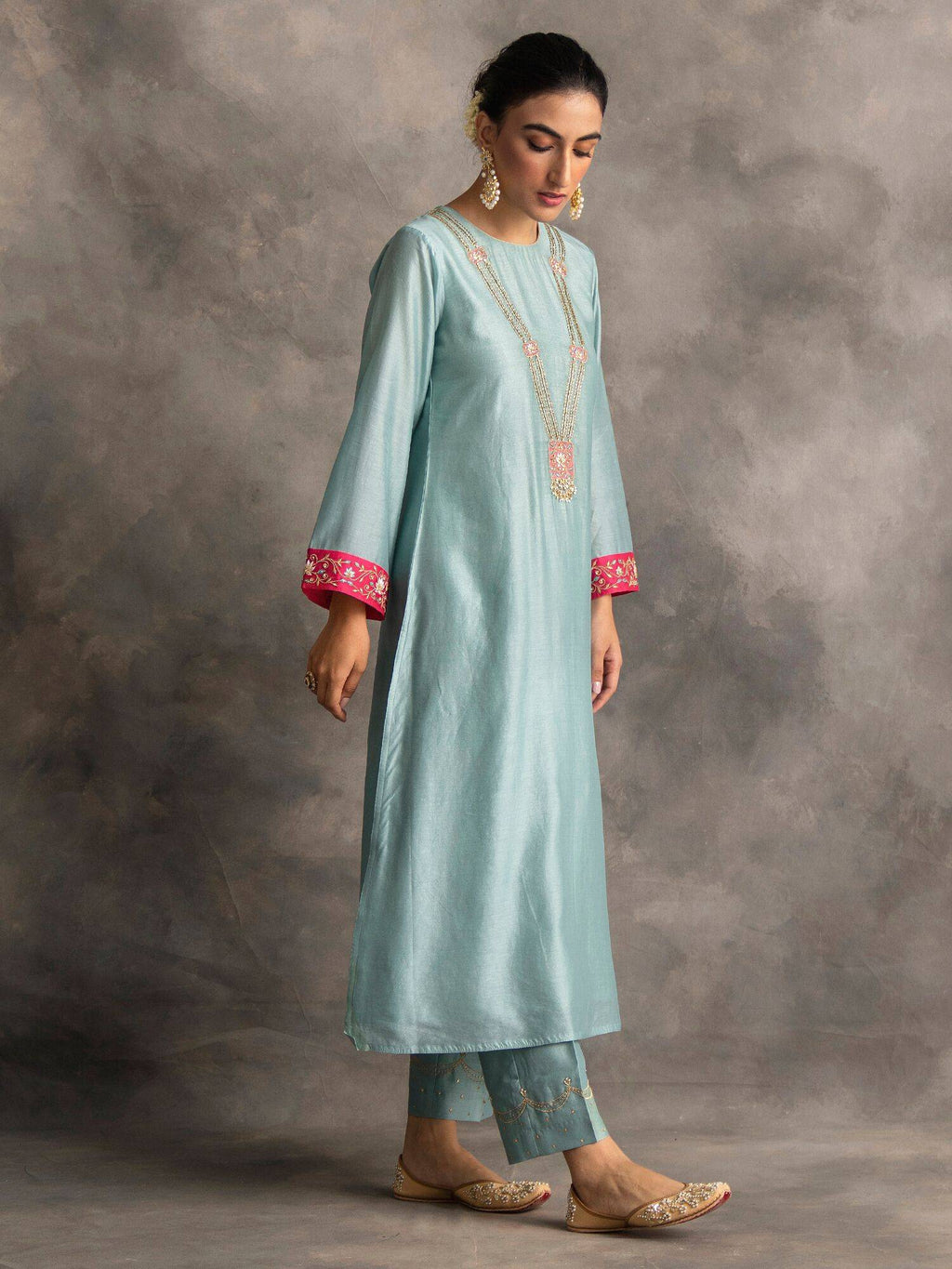 Blue Silk Chanderi A-Line Kurta With Hand Embroidery | KDG - view 7