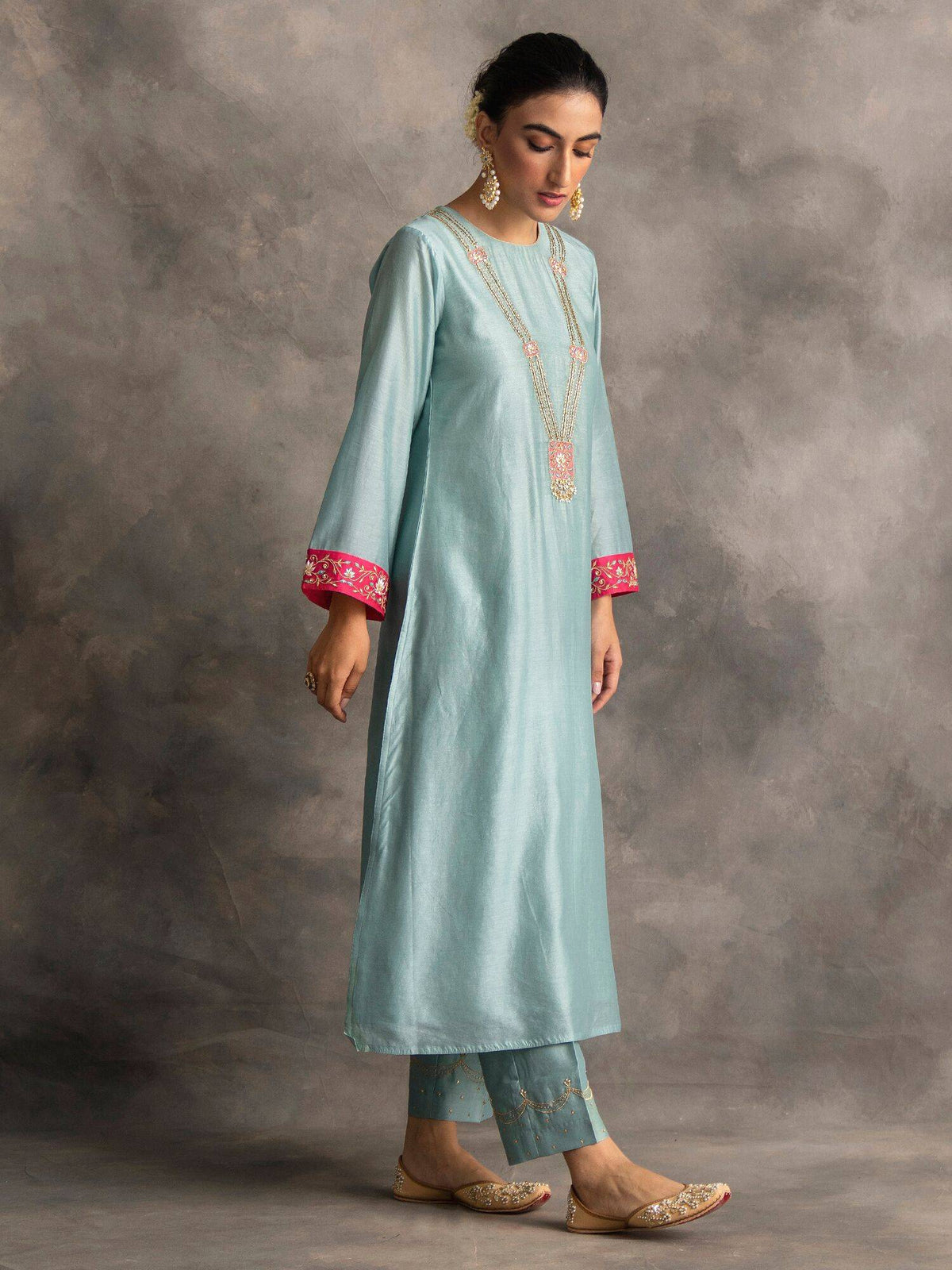 Blue Silk Chanderi A-Line Kurta With Hand Embroidery | KDG - view 7