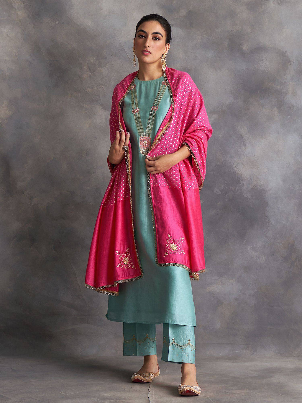 Blue Silk Chanderi A-Line Kurta With Hand Embroidery | FY93 - view 9