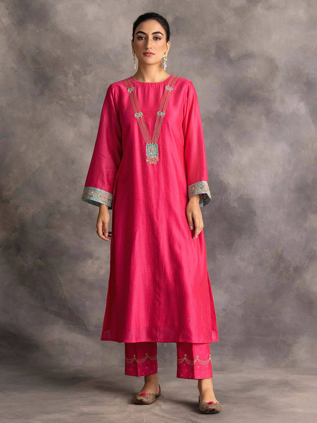 Blue Silk Chanderi A-Line Kurta With Hand Embroidery | FY93 - view 19