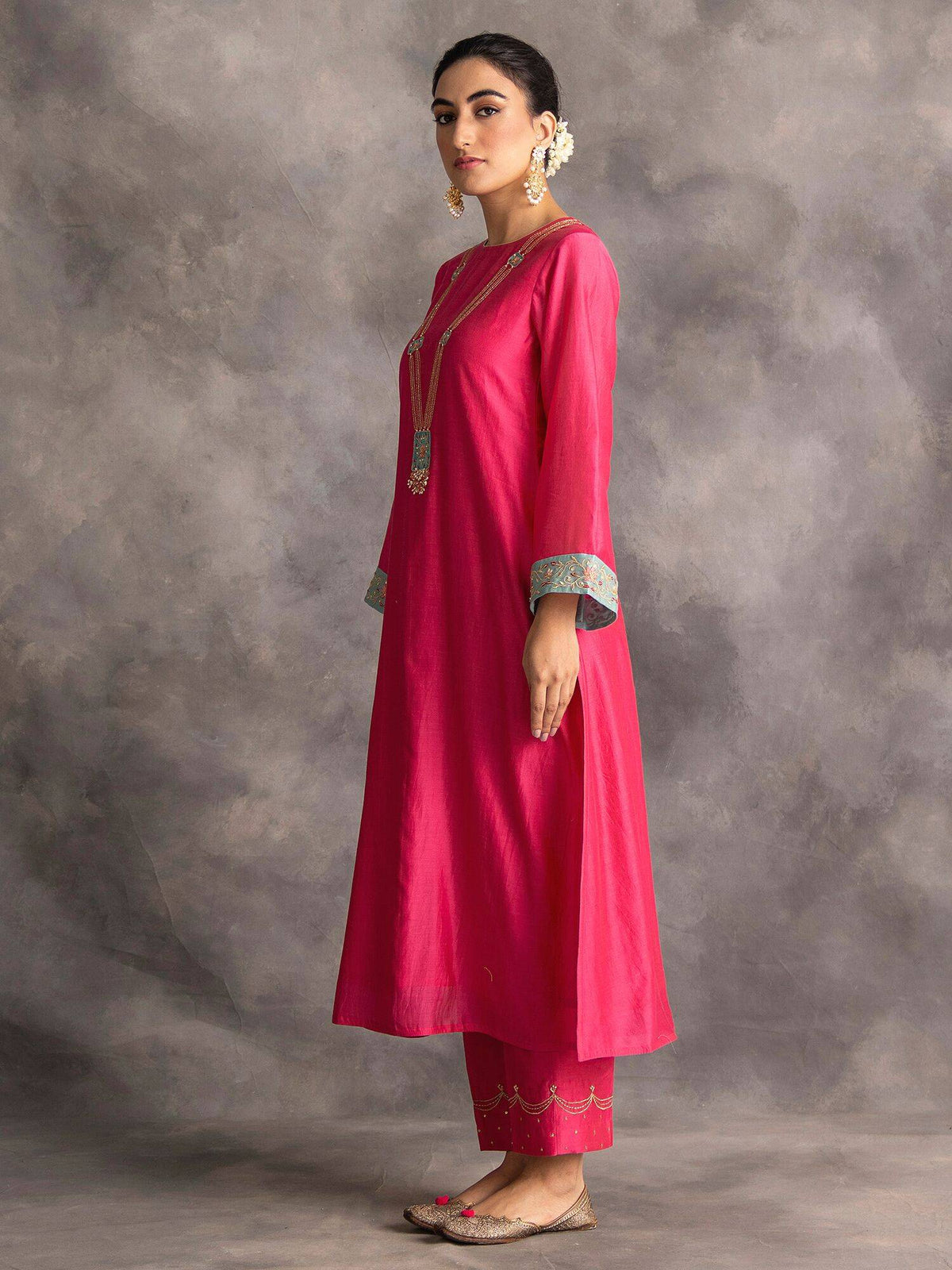 Blue Silk Chanderi A-Line Kurta With Hand Embroidery | FY93 - view 20