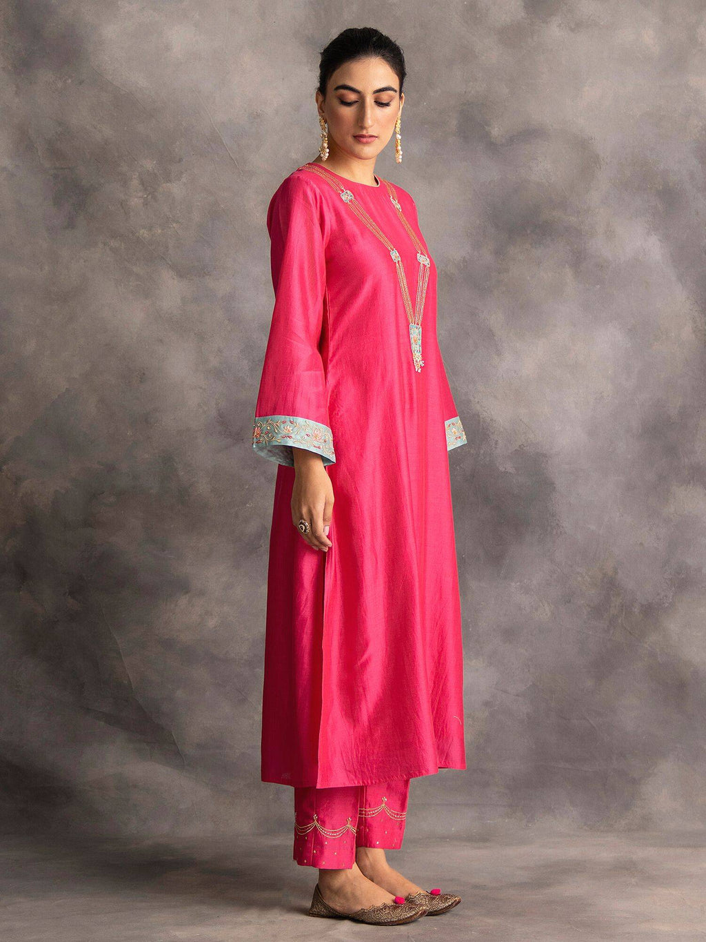 Blue Silk Chanderi A-Line Kurta With Hand Embroidery | FY93 - view 21