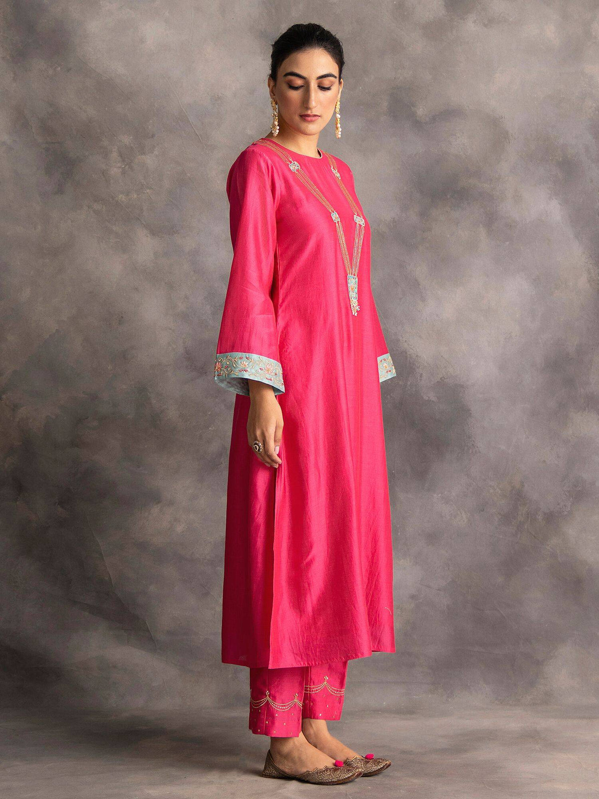 Blue Silk Chanderi A-Line Kurta With Hand Embroidery | FY93 - view 21