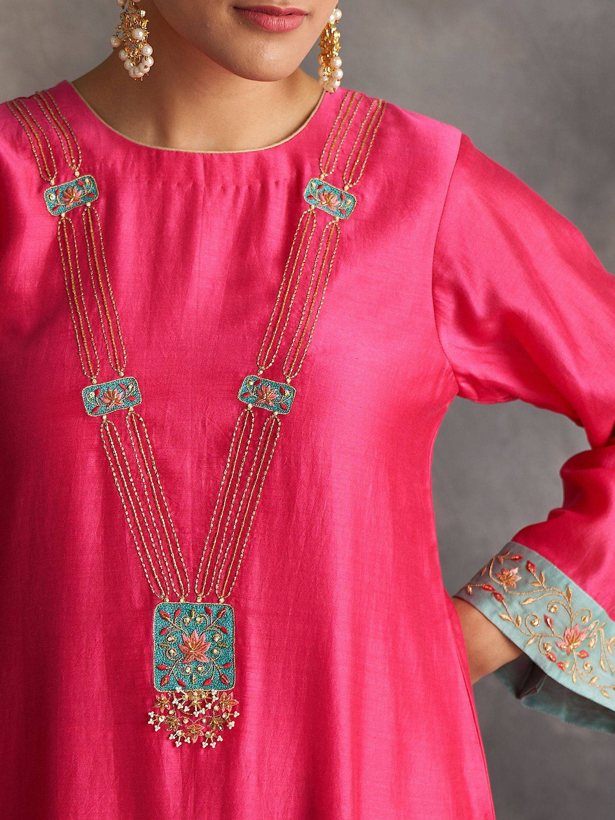 Blue Silk Chanderi A-Line Kurta With Hand Embroidery | FY93 - view 25