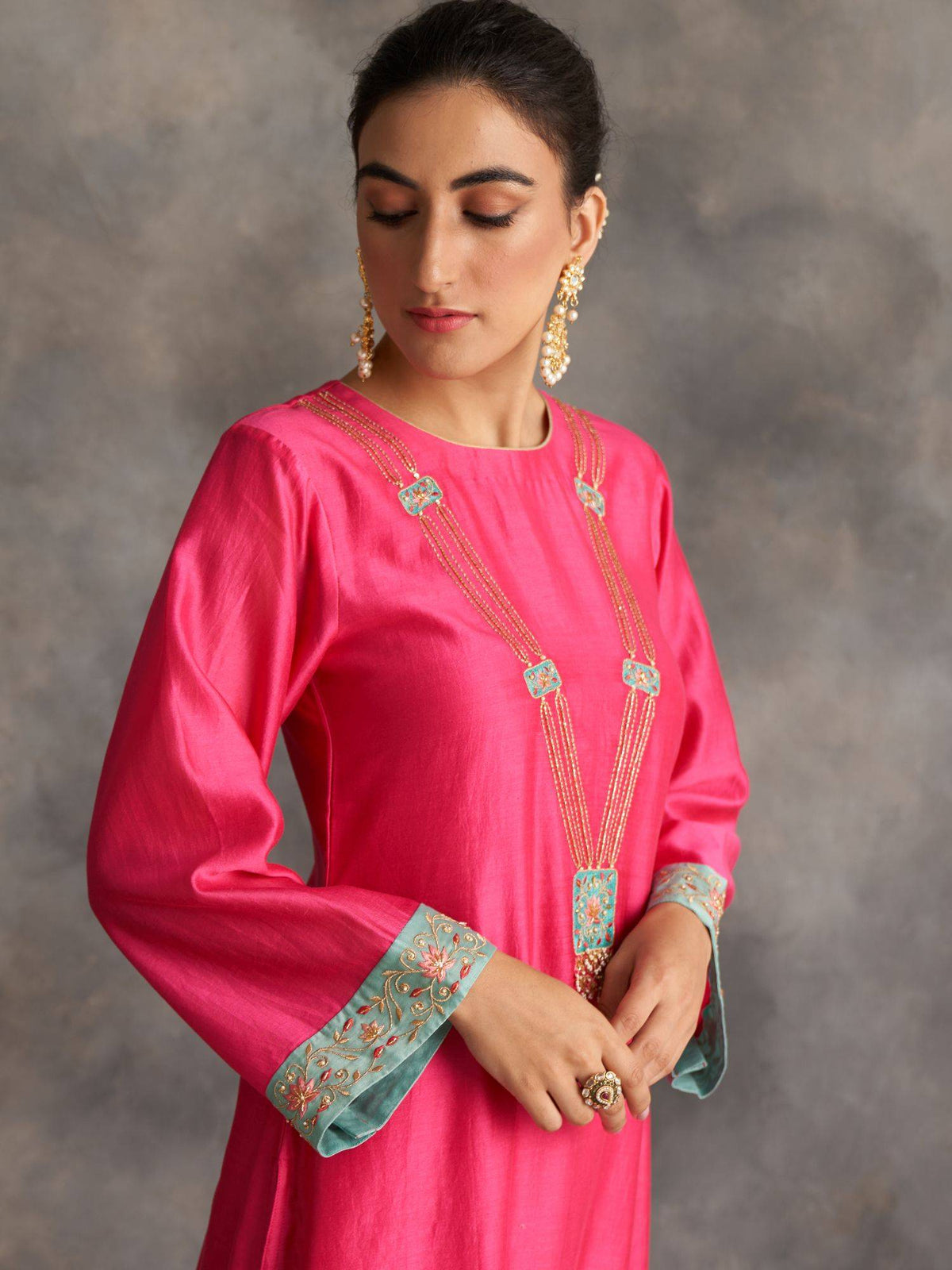 Blue Silk Chanderi A-Line Kurta With Hand Embroidery | FY93 - view 26