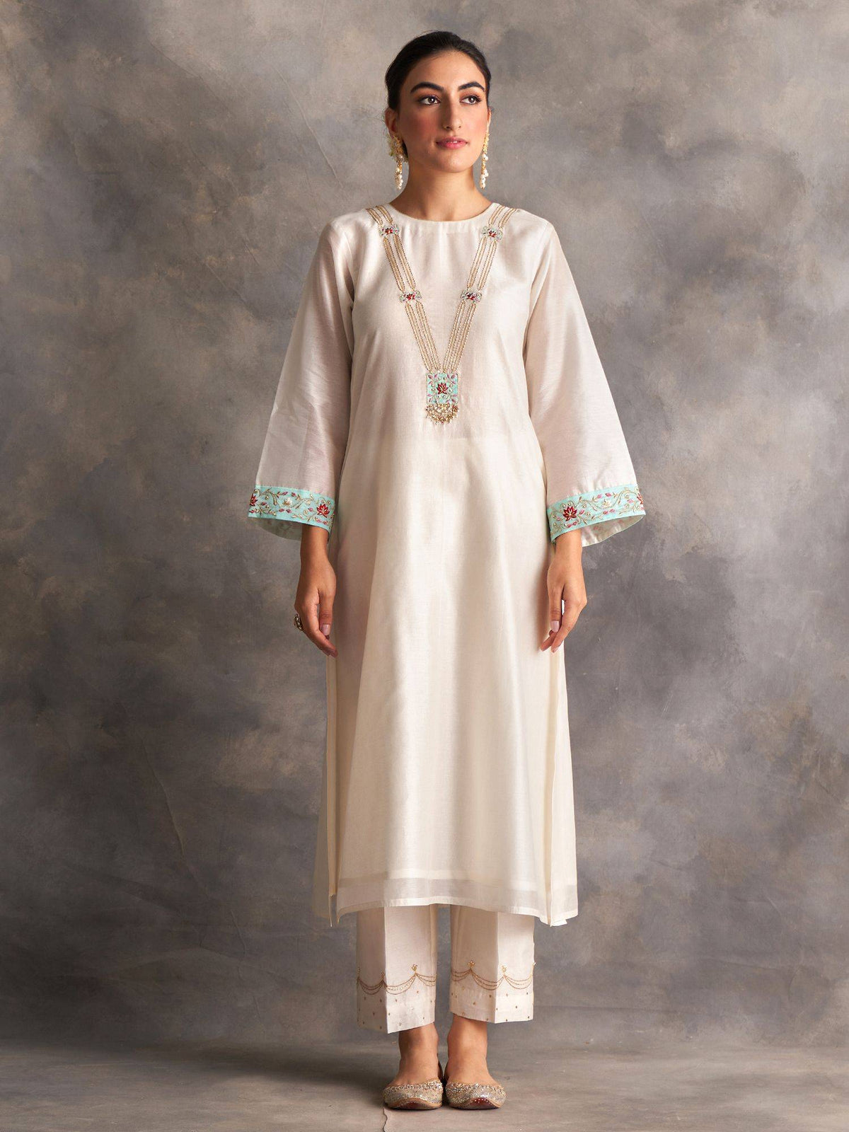 Blue Silk Chanderi A-Line Kurta With Hand Embroidery | FY93 - view 11