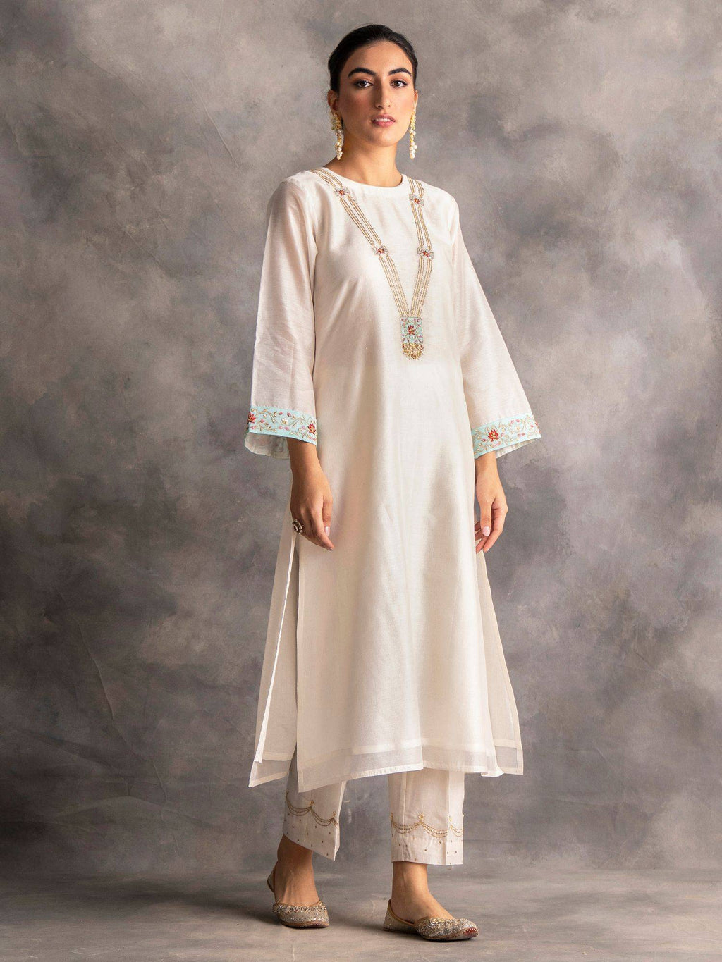 Blue Silk Chanderi A-Line Kurta With Hand Embroidery | FY93 - view 12