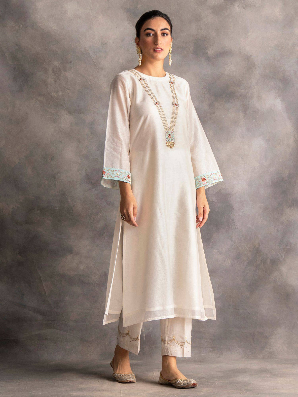 Blue Silk Chanderi A-Line Kurta With Hand Embroidery | FY93 - view 12