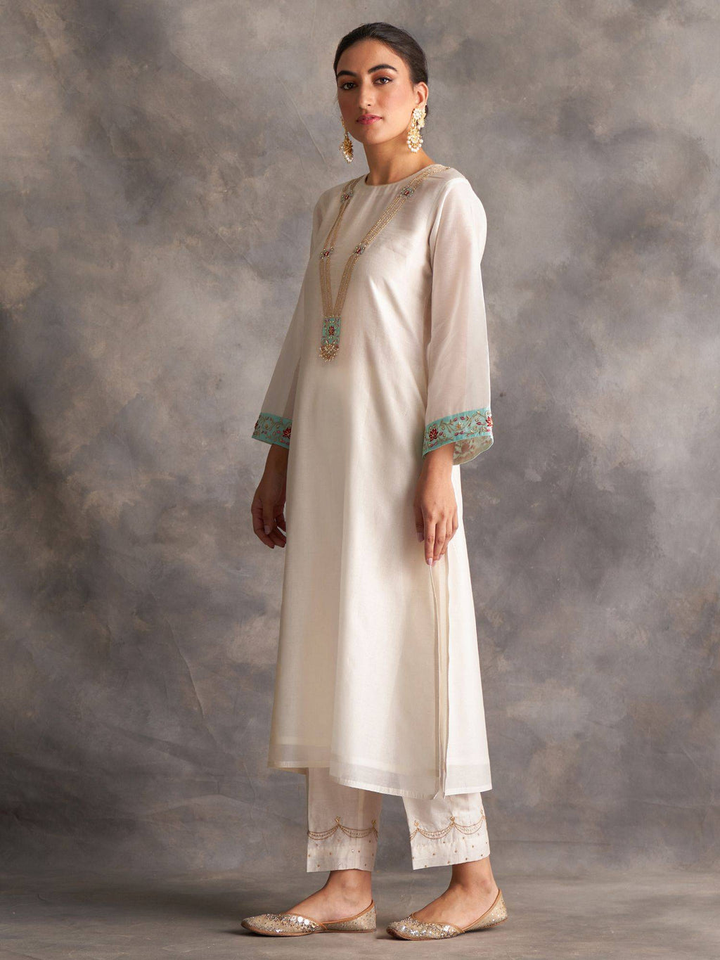 Blue Silk Chanderi A-Line Kurta With Hand Embroidery | FY93 - view 13
