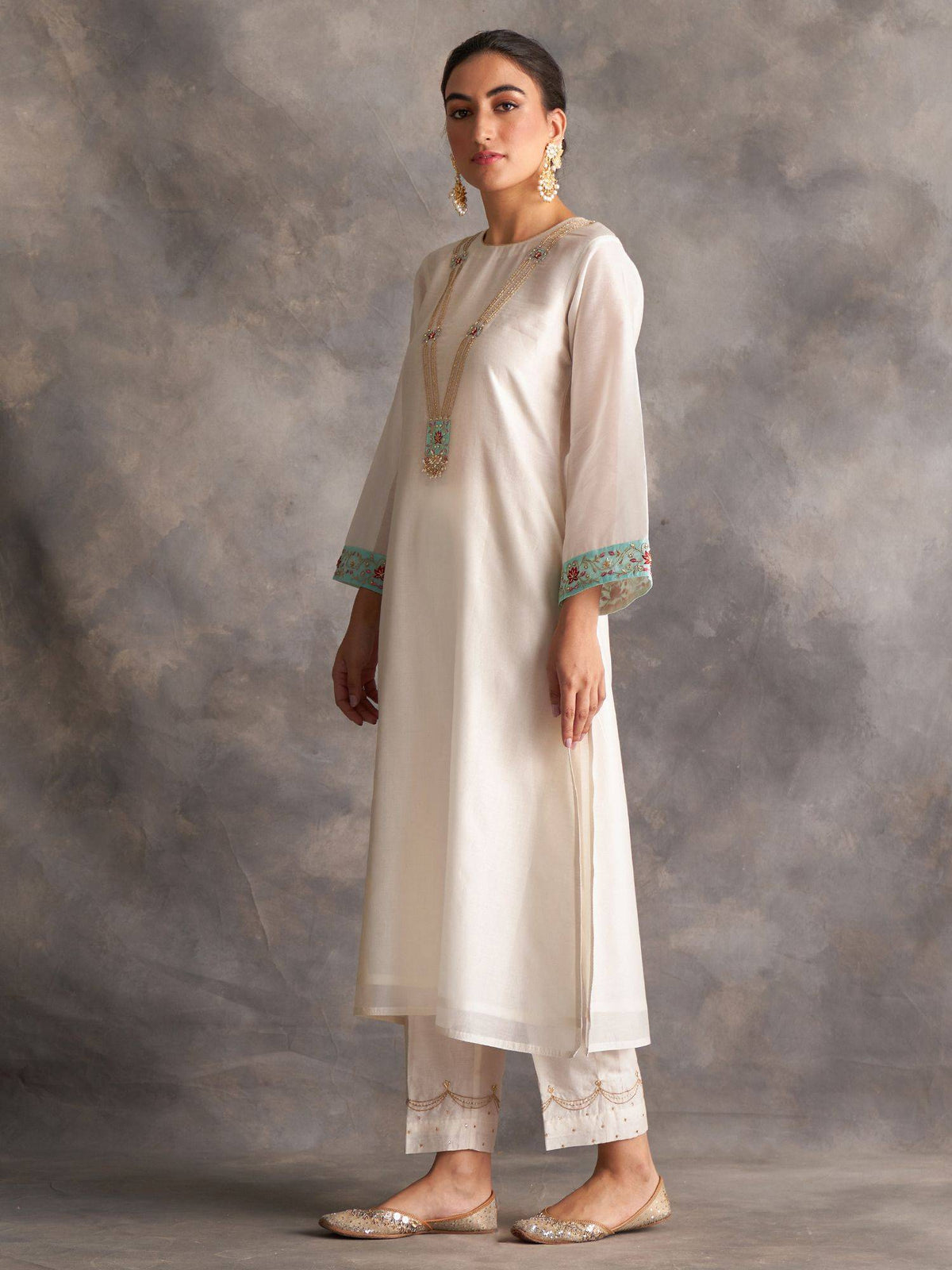 Blue Silk Chanderi A-Line Kurta With Hand Embroidery | FY93 - view 13