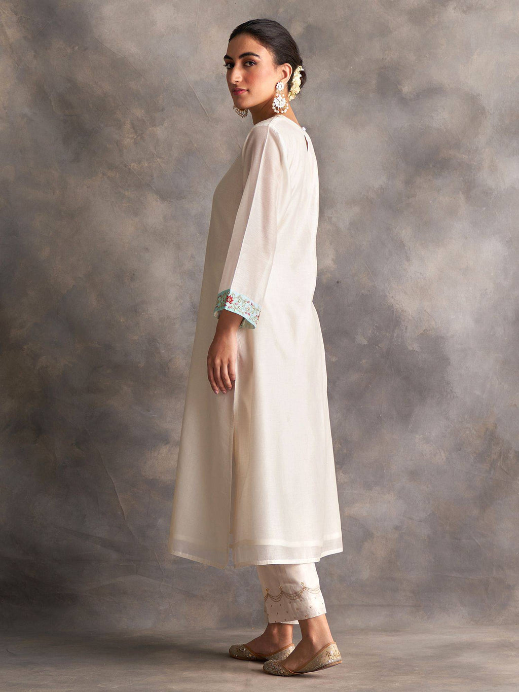 Blue Silk Chanderi A-Line Kurta With Hand Embroidery | FY93 - view 14