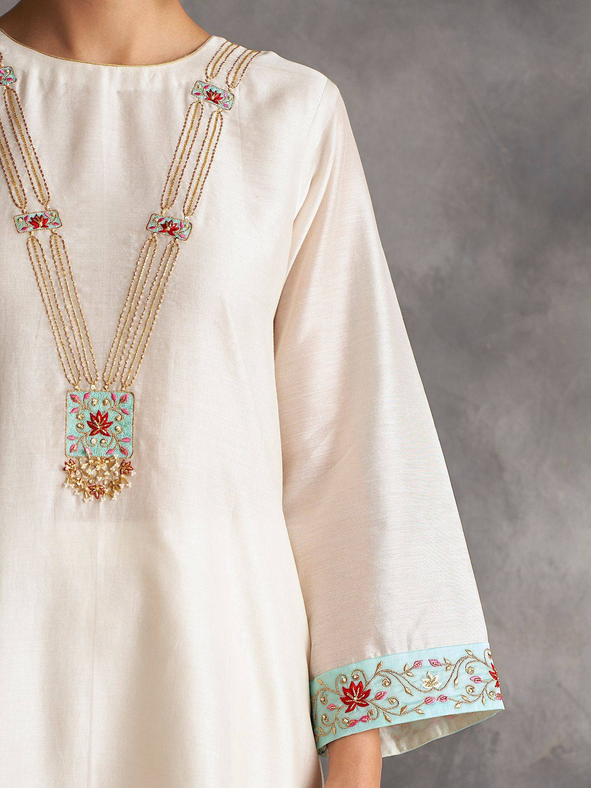 Blue Silk Chanderi A-Line Kurta With Hand Embroidery | FY93 - view 16