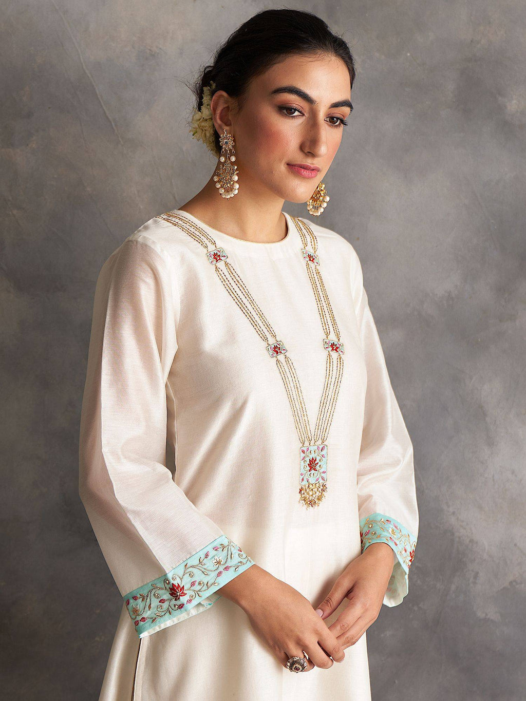 Blue Silk Chanderi A-Line Kurta With Hand Embroidery | FY93 - view 17