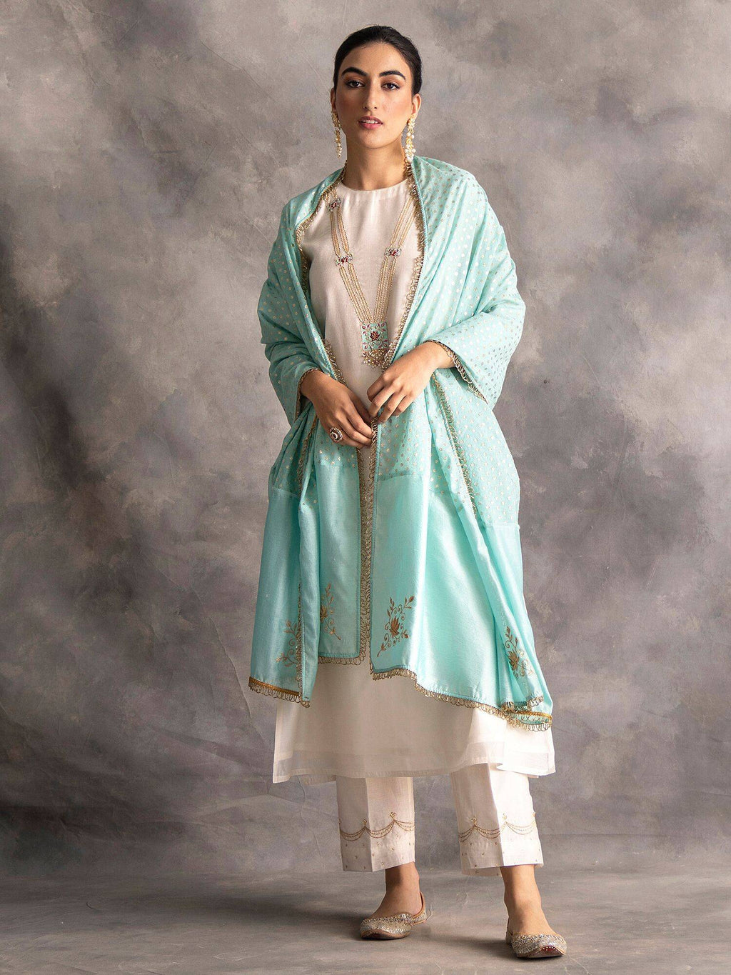 Blue Silk Chanderi A-Line Kurta With Hand Embroidery | FY93 - view 18