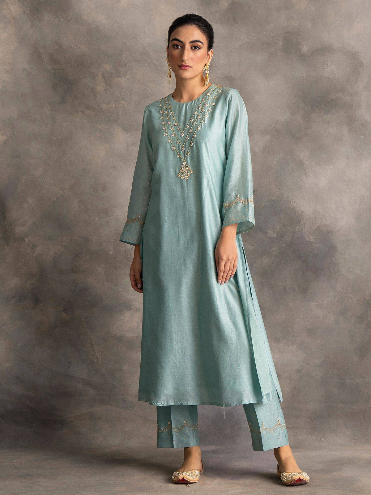 Blue Silk Chanderi A-Line Kurta With Hand Embroidery | U3S - view 1