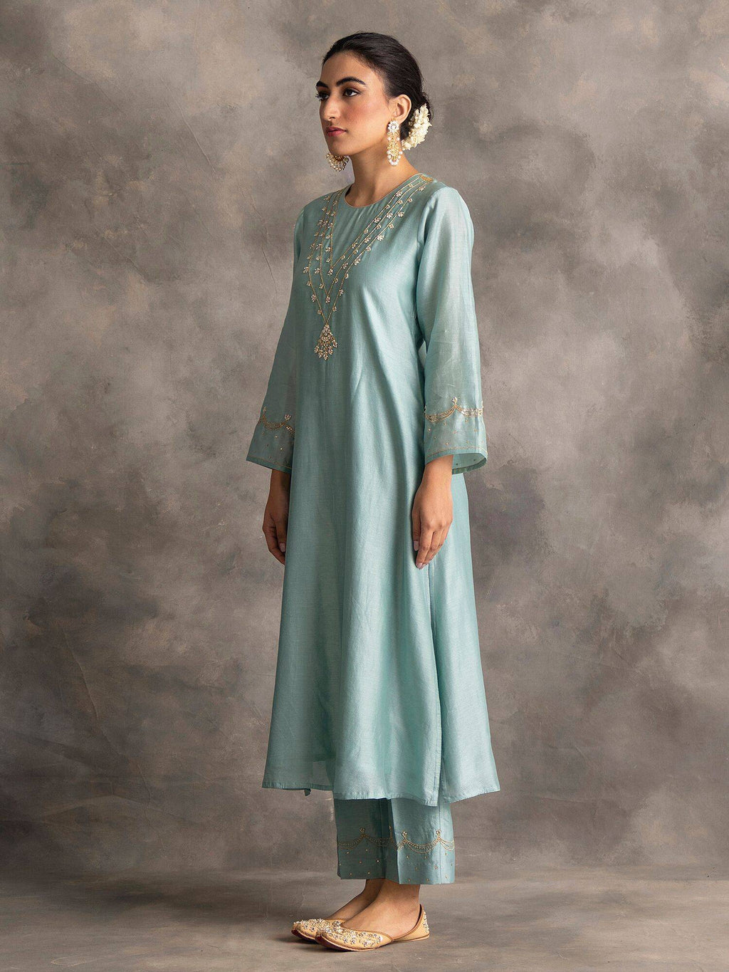 Blue Silk Chanderi A-Line Kurta With Hand Embroidery | U3S - view 2