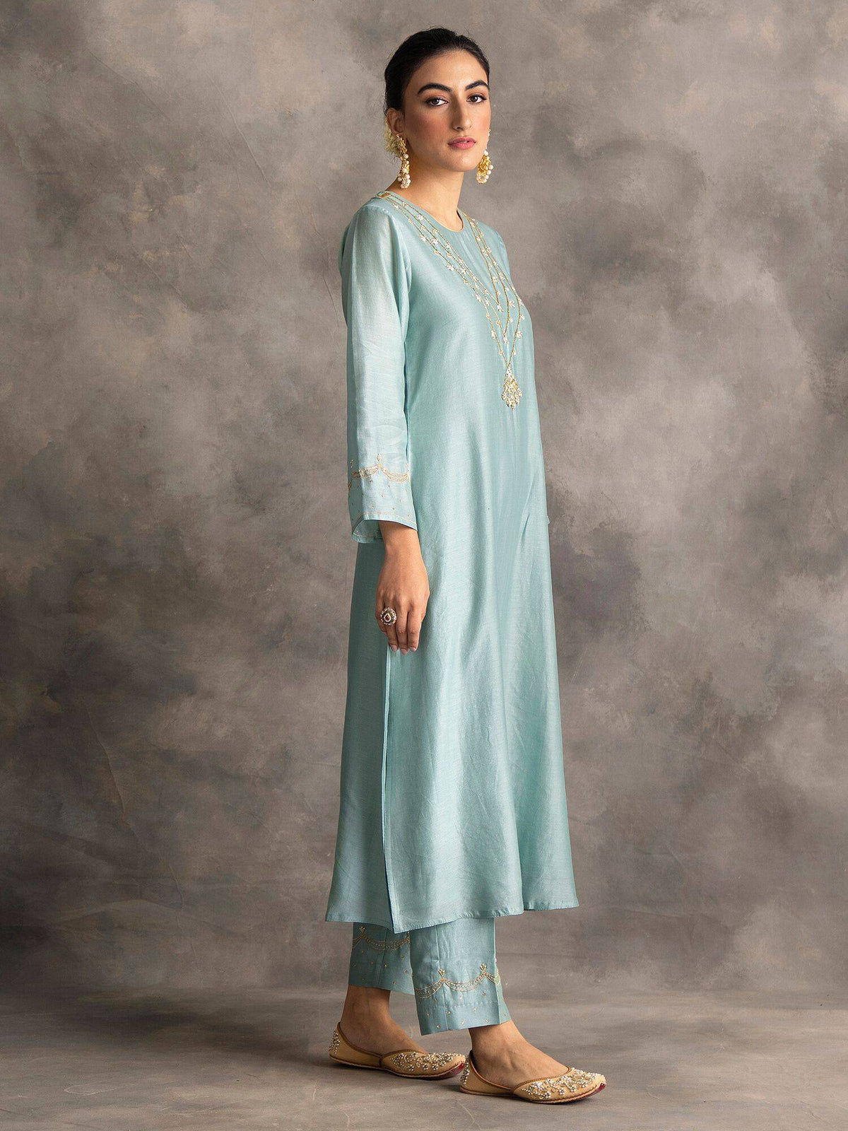 Blue Silk Chanderi A-Line Kurta With Hand Embroidery | U3S - view 3