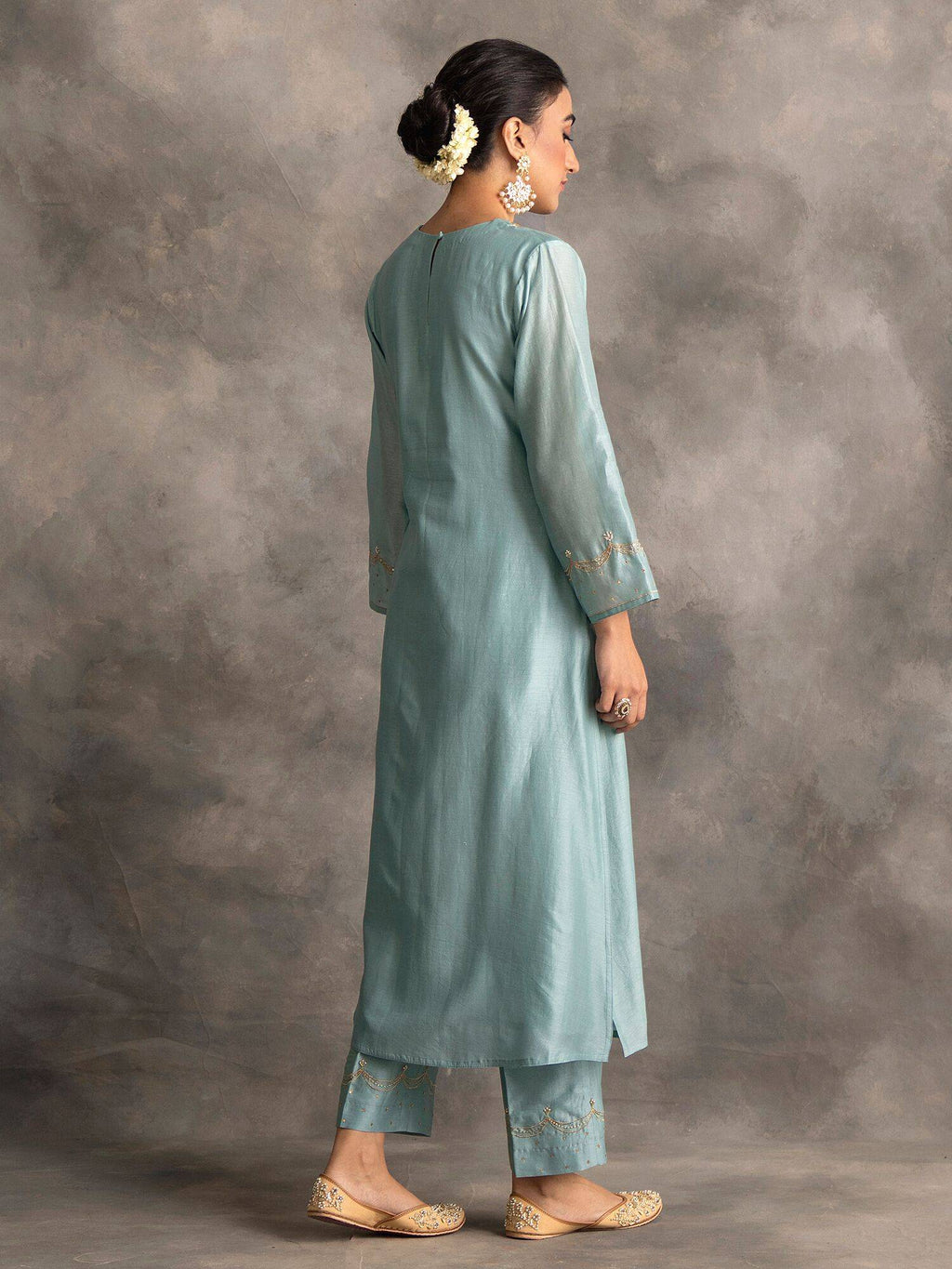 Blue Silk Chanderi A-Line Kurta With Hand Embroidery | U3S - view 4